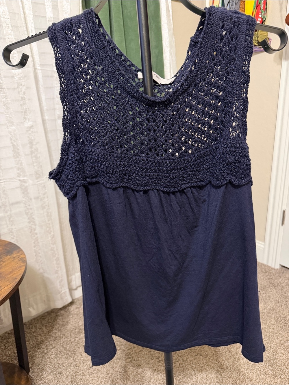 LOFT Navy Knit Crochet Yoke Tank Top